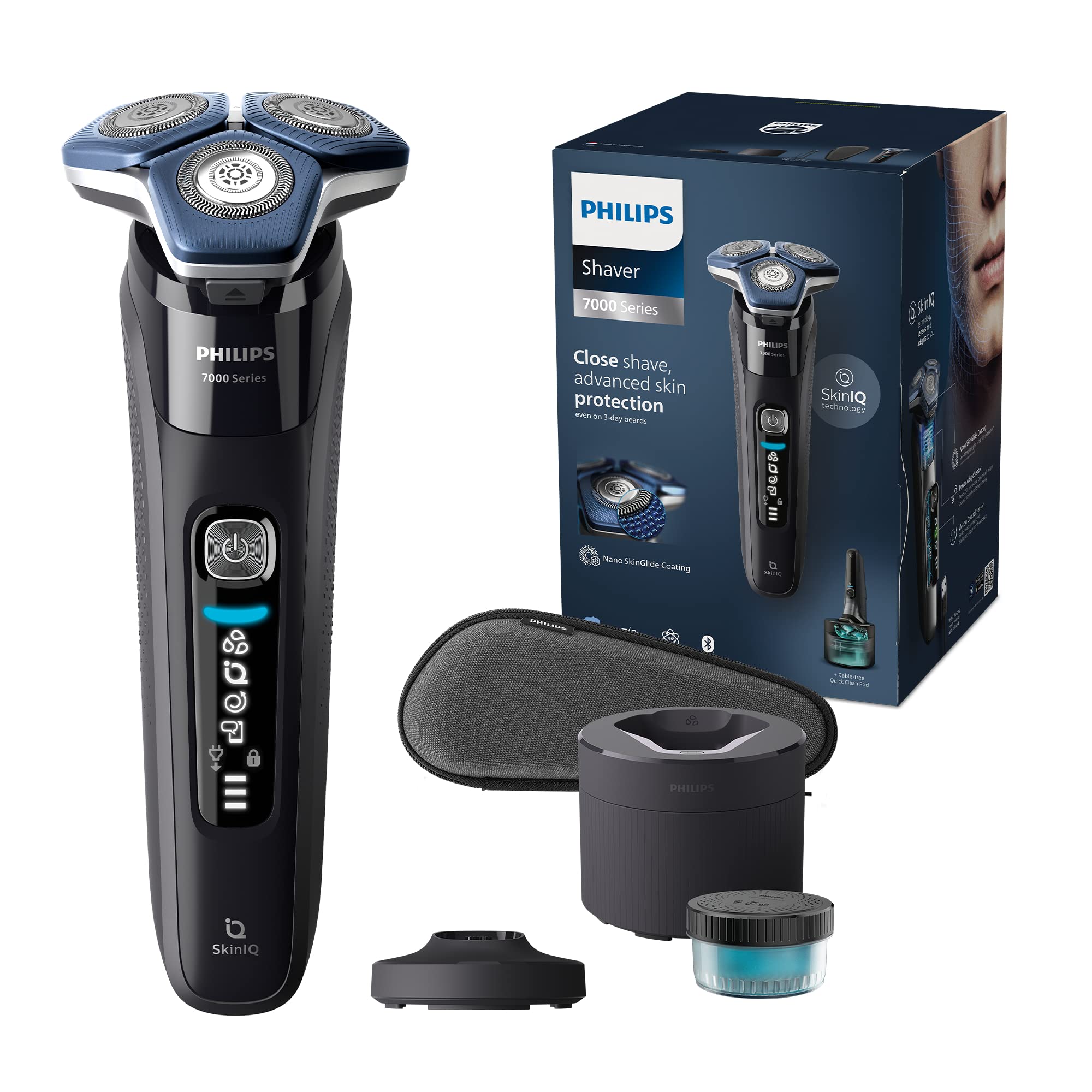 Philips Shaver Series 7000 - Wet & Dry Mens Electric Shaver with SkinIQ Technology, Razor with Pop-up Trimmer, Charging Stand, Travel Case, Quick Clean Pod and Quick Clean Cartridge (Model S7886/55)