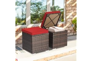 ORALNER 16" Outdoor Ottoman, Set of 2 Wicker Ottoman with Storage, All-Weather Rattan Cube Footstool w/Removable Cushions, Square Foot Rest Seating for Patio, Porch, Deck, Easy Assembly (Red)