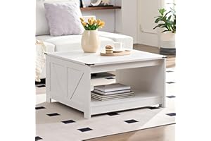 OKYCI Farmhouse Coffee Table for Living Room, Wood Square Coffee Tables, 31.5" W x 31.5" D, White