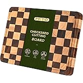 FYCTIO Cutting Boards for Kitchen, Large Acacia Wood Chopping Board, Thick Checkered Cutting Board with Juice Grooves & Handl