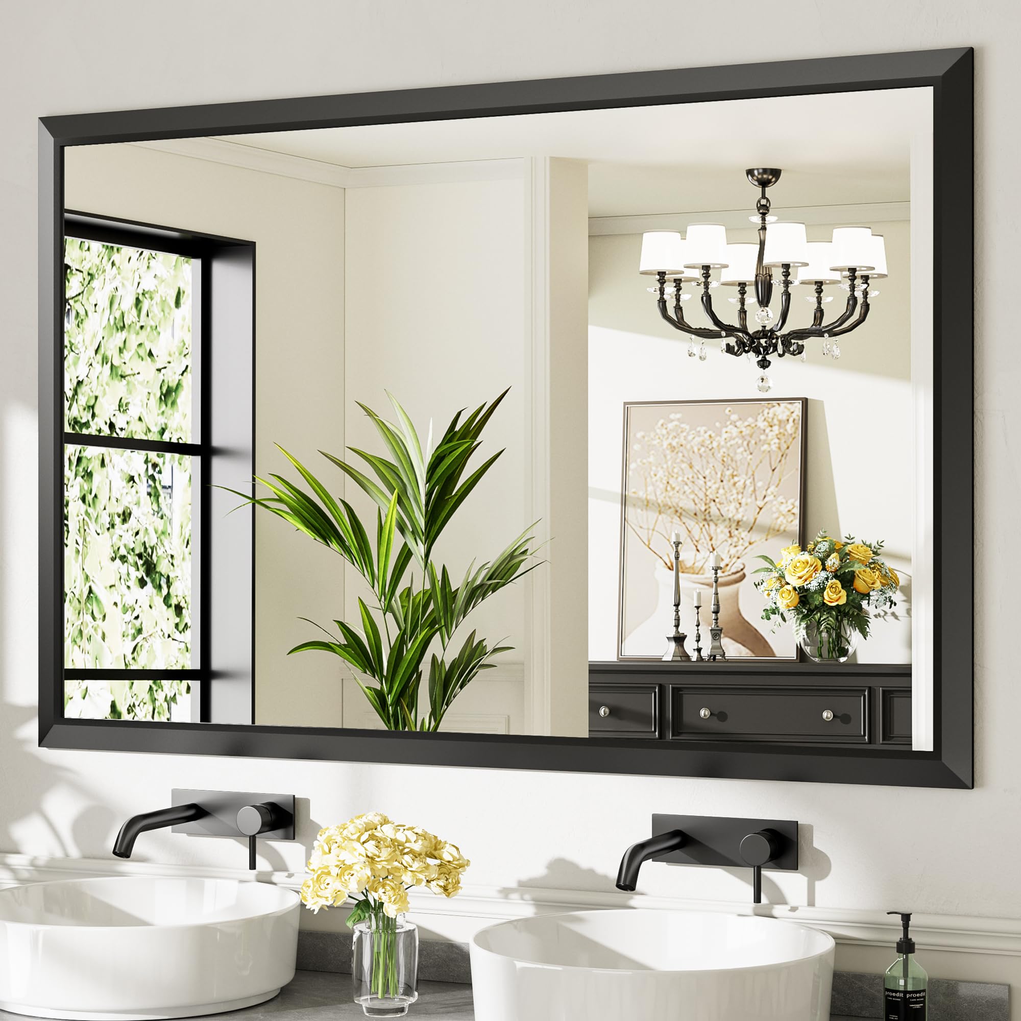 Photo 1 of Briivue 60x40 Inch Black Bathroom Mirror for Wall, Thick Metal Framed Rectangle Mirrors for Over Sink, Bedroom, Living Room, Entryway, Anti-Rust, HD Tempered Glass