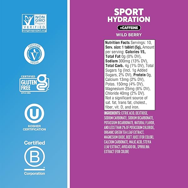 NUUN SPORT + CAFFEINE ELECTROLYTE TABLETS – DISSOLVABLE IN WATER, WILD BERRY FLAVOR, 5 ESSENTIAL ELECTROLYTES FOR HYDRATION, 1G SUGAR DRINK MIX, VEGAN, NON-GMO, 8 PACK (80 TOTAL SERVINGS)