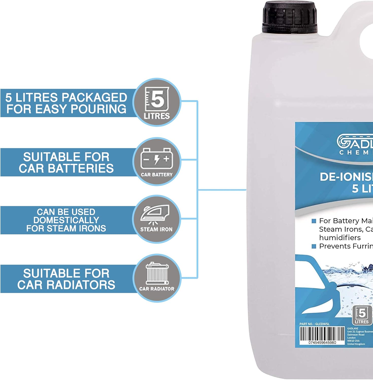 GADLANE Deionised Water Car Battery & Iron Top Up Deionised Distilled