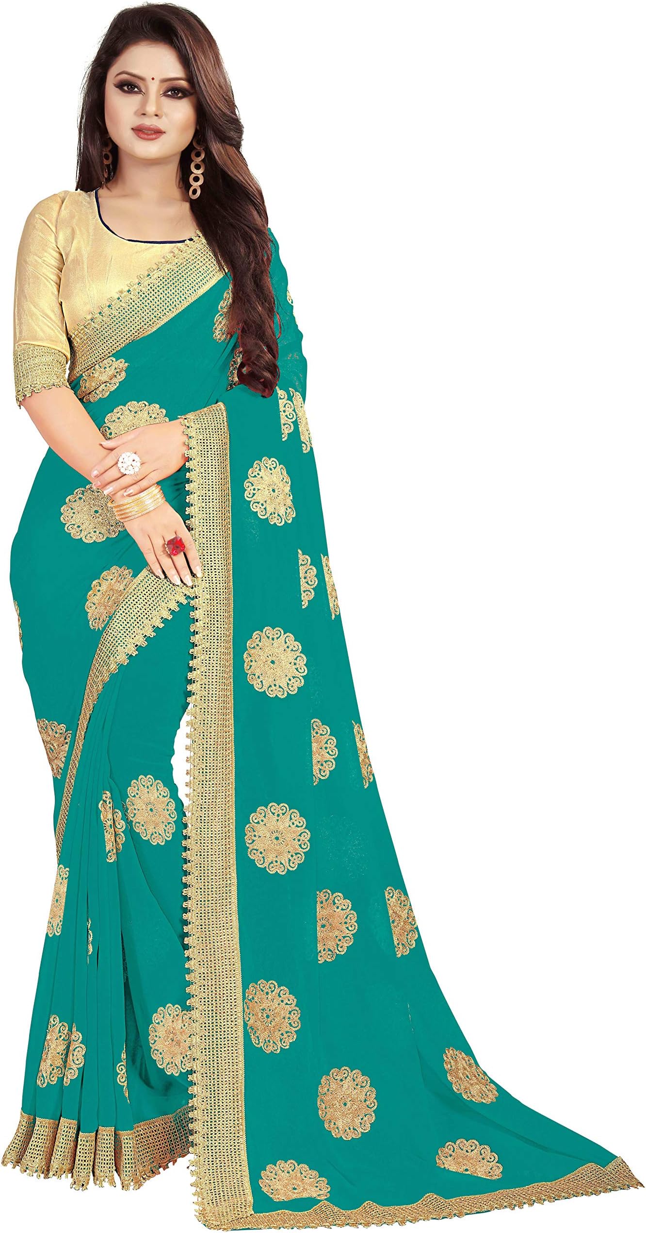 Women Georgette Saree (NityaFirozi_Turquoise_Free Size)