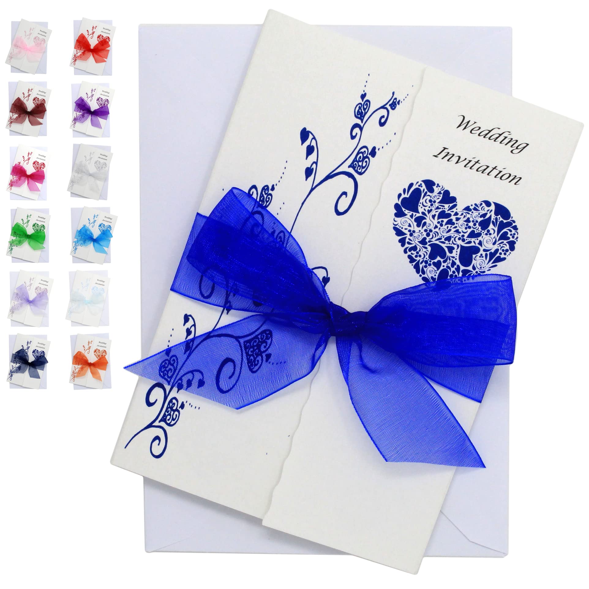 Pack of 10 Royal Blue Wedding Invitations with ribbon and envelopes- Gatefold style!