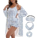 MORFORU Silk Pajamas for Women 3 Piece Satin Pajama Set with Robe Camisole Tops Ruffle Shorts with Sleep Mask 2 Piece Pjs