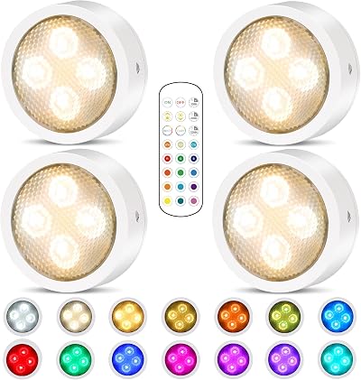 Onumii Puck Lights with Remote & Timer 4 Pack RGB White Under Cabinet LED