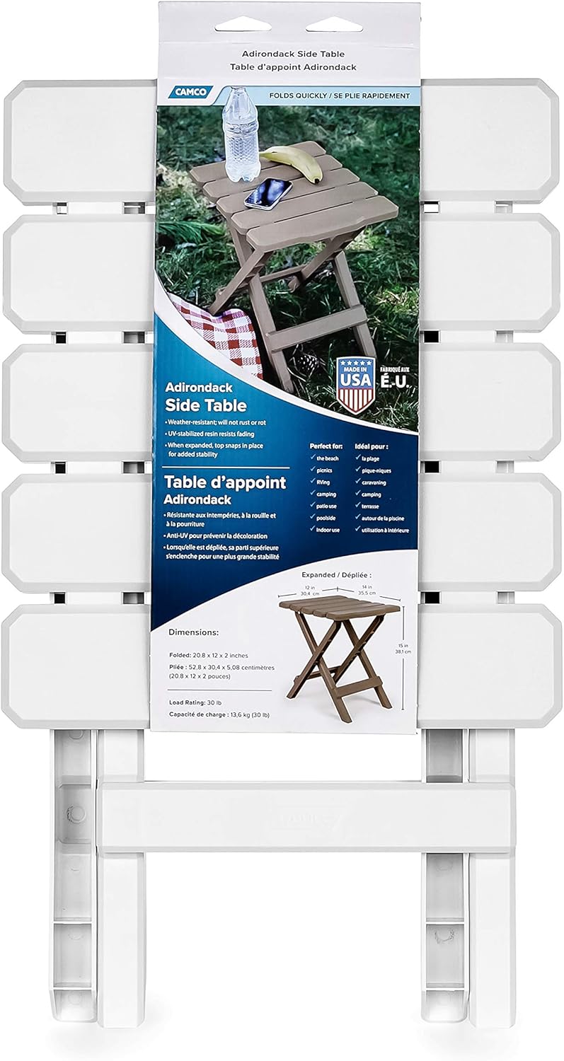 Camco Adirondack Portable Outdoor Folding Side Table - Perfect for The Beach, Camping, Picnics, Cookouts and More - Weatherproof and Rust Resistant - White (21035): Automotive