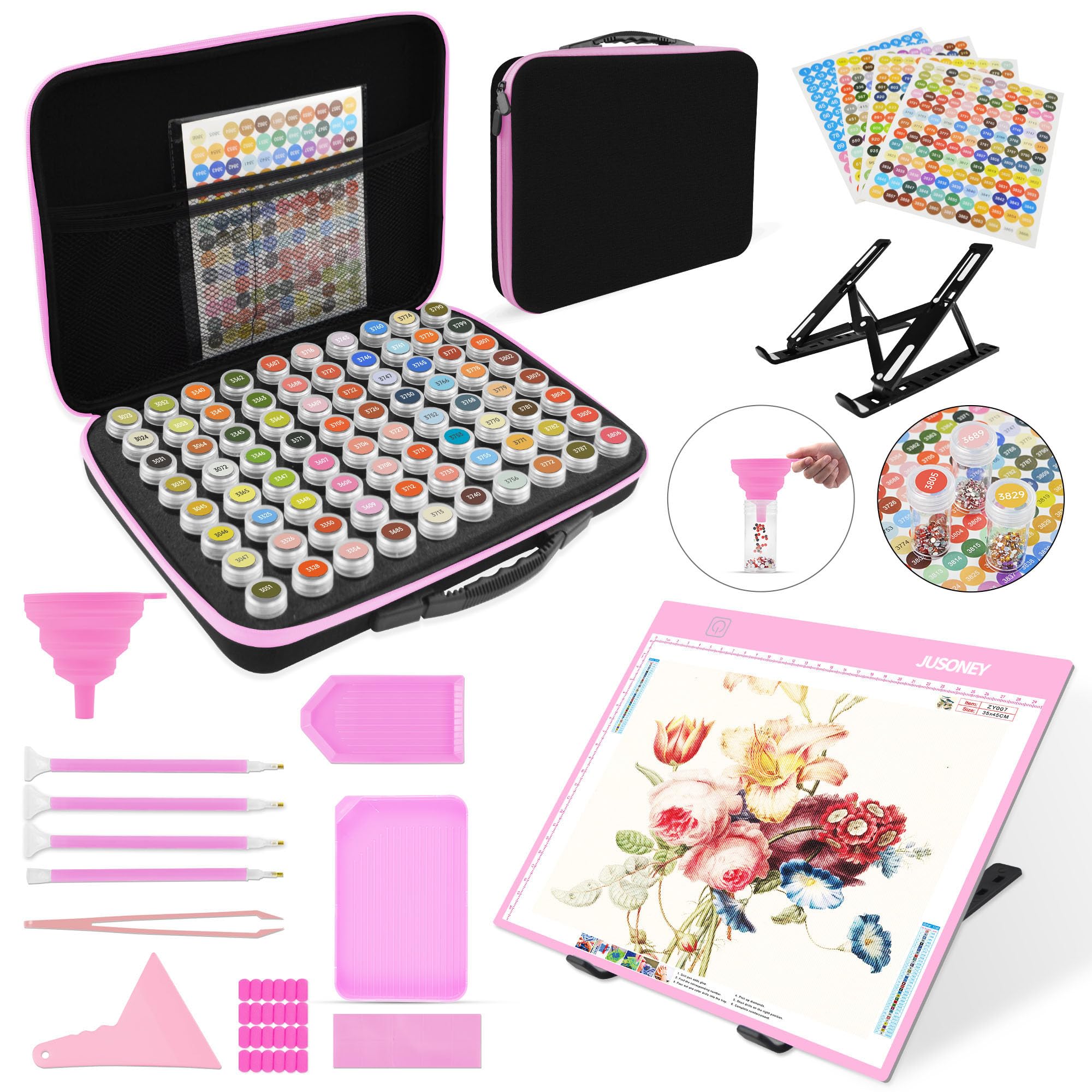 Jusoney Diamond Painting Storage Boxes,1 Diamond Painting Kit A4 Tracing Light Box with 3 Brightness, 80 Slots Bead Storage with 5D Diamond Art Accessories and Tools Kit