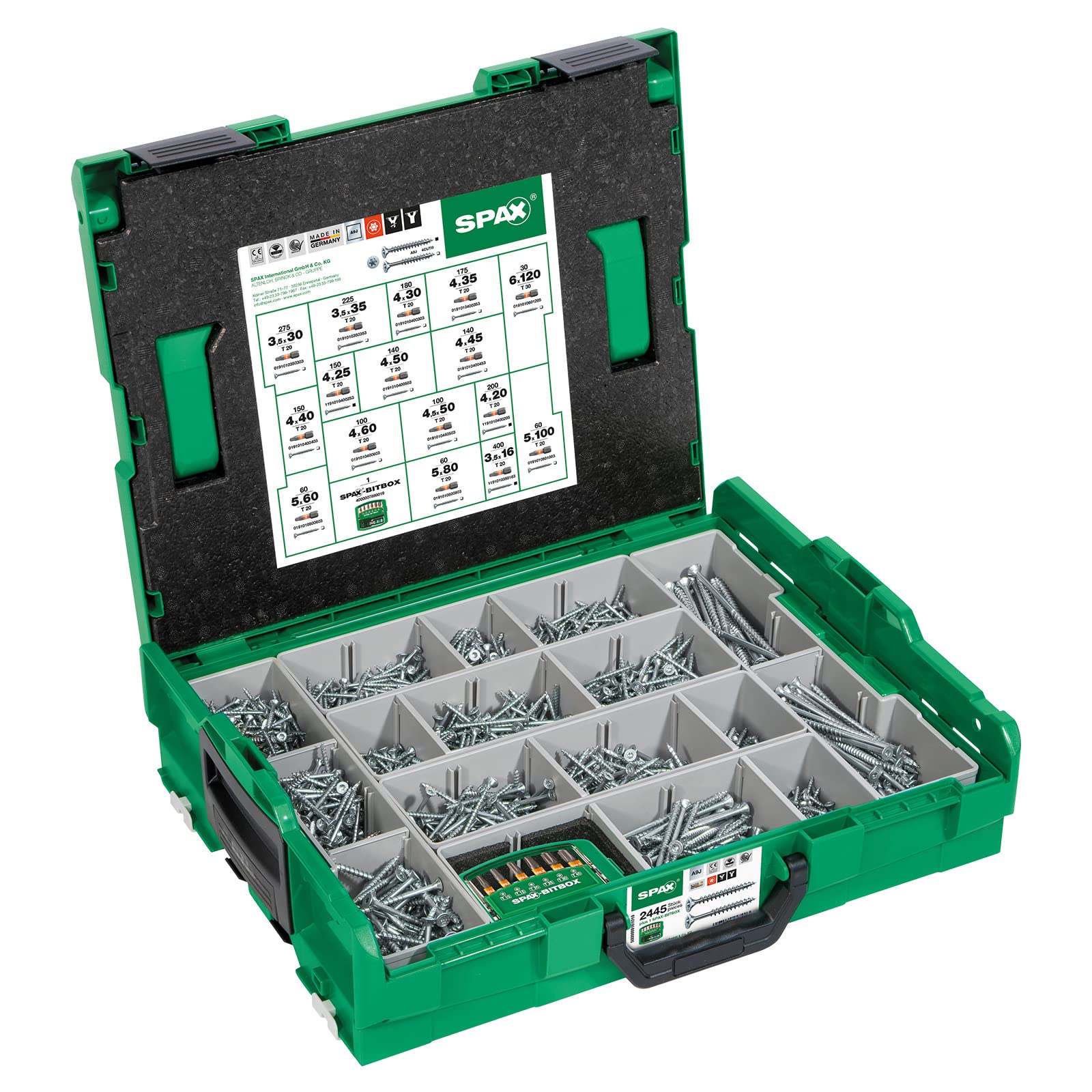 SPAX Montagekoffer L-BOXX groß – 2.446-teiliges Schraubenset mit Senkkopf, WIROX A9J, T-STAR plus, 16 Abmessungen, inkl. SPAX BITBOX - 5000009161019