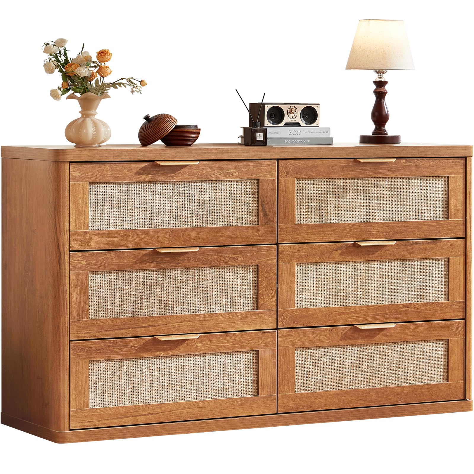LEYAOYAO Rattan 6 Drawer Dresser for Bedroom, 54" Wide Boho Chest of Drawers, Wooden Dressers TV Stand with Metal Handle, Storage Closet Organizer for Living Room, Hallway, Tea Brown