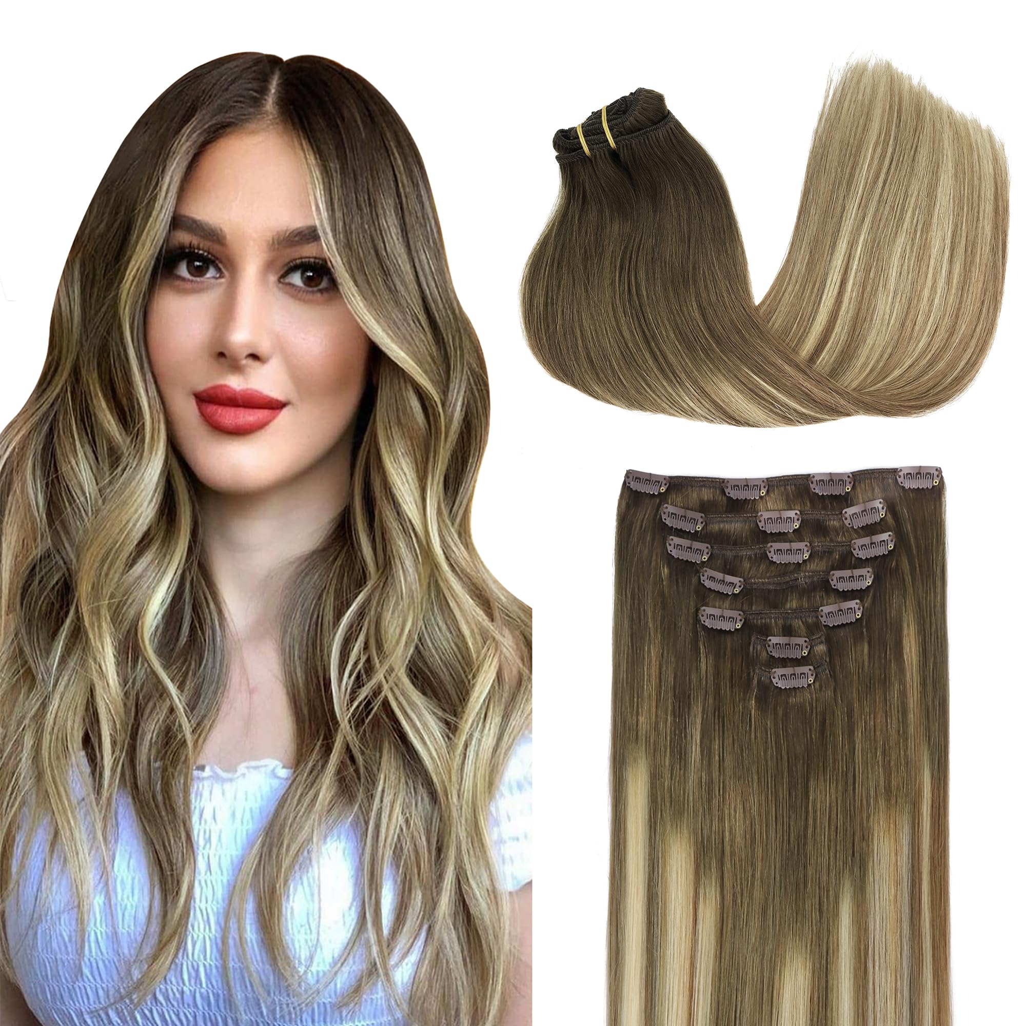 GOO GOO Clip in Human Hair Extensions, 20inch 120g 7pcs, Hair Extensions Clip in, 3/8/613 Blonde Ombre