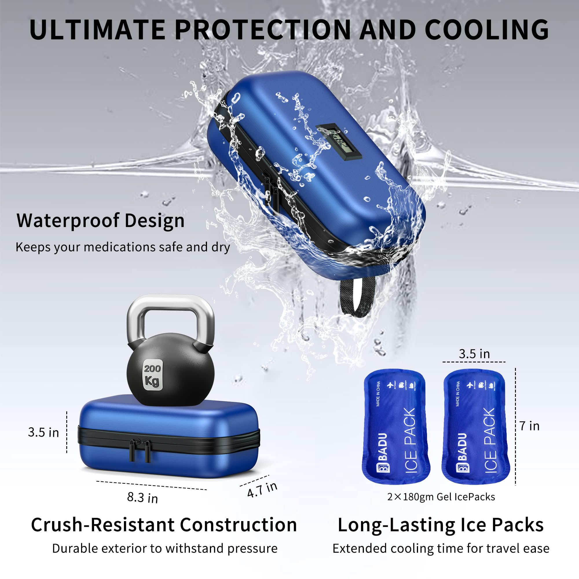 WOODAKE Insulin Cooler Travel Case TSA Approved Medication Cooler with Digital Temp Display 2 Ice Packs for Insulin Travel Case Diabetes Storage 4-6 Pens