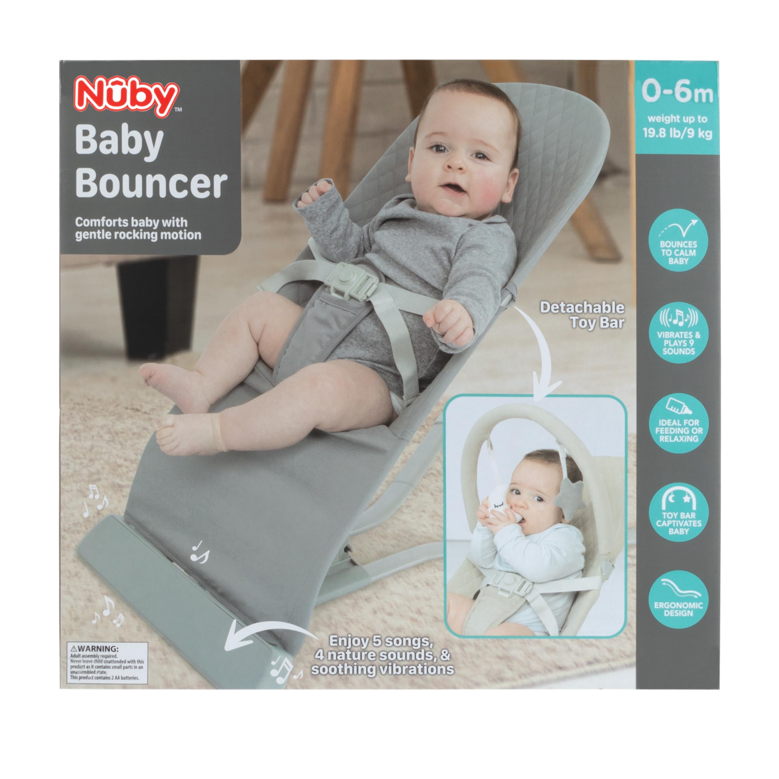 Nuby Baby Bouncer Seat - Portable Infant Bouncer with Music, Fun Sounds, and Soothing Vibrations - 0-6 Months - Beige