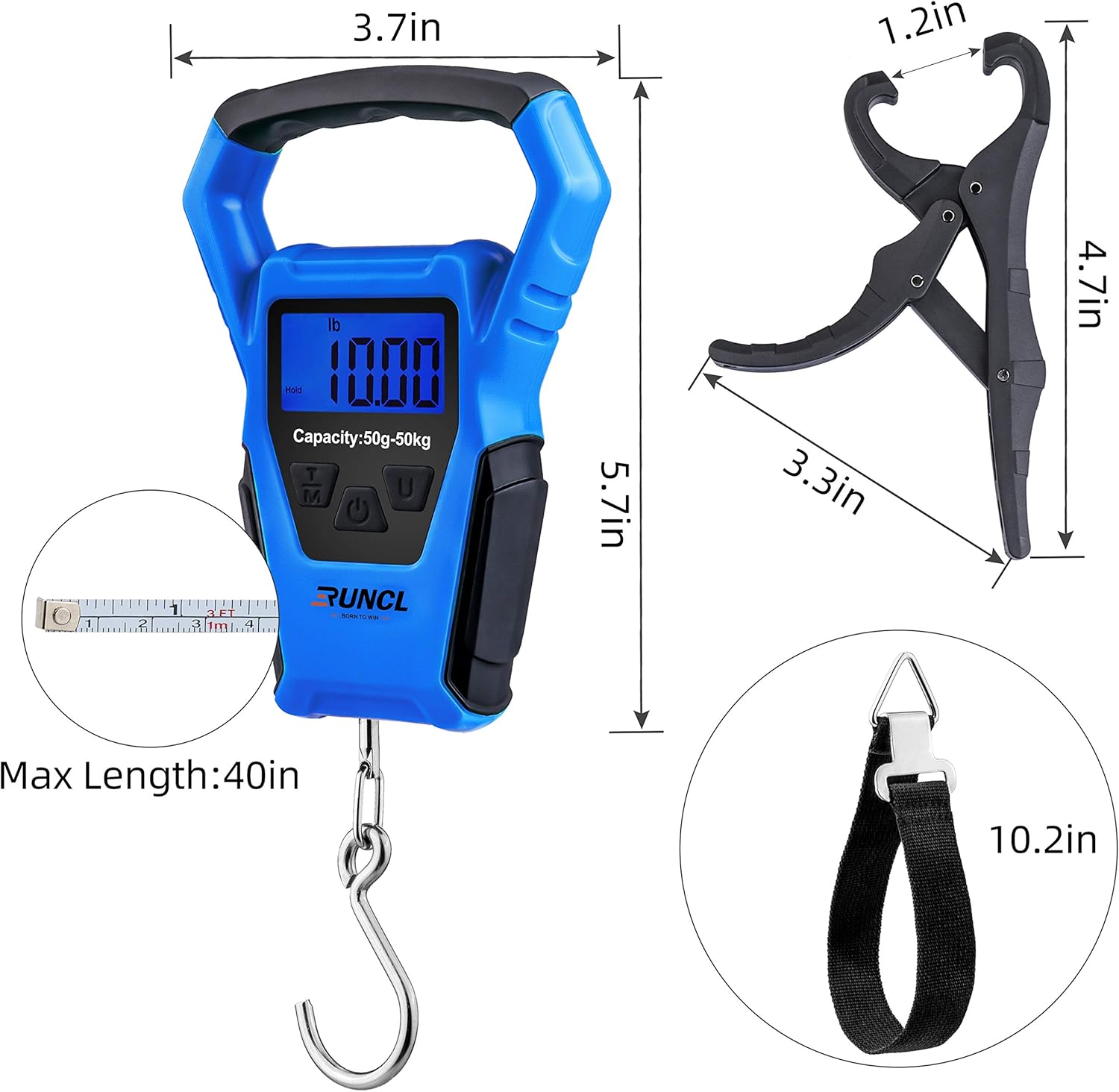 RUNCL Waterproof Fishing Scale with Fish Lip Gripper, Digital Fishing Scale with Ruler, Weight Scale 110lb/50kgs - Backlit LCD Display, Memory Storage & Summation - Hanging Scale (Blue): Industrial & Scientific