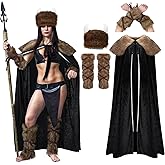 Jeyiour Women Viking Costumes Halloween Viking Warrior Costume Viking Costume with Faux Fur Collar Cape Hat Set for Women Halloween Cosplay Outfits