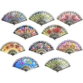 YOKIND 10 Pack Vintage Spanish Floral Folding Hand Fan Sequin Fabric Folding Handheld Hand Fan, Random Color