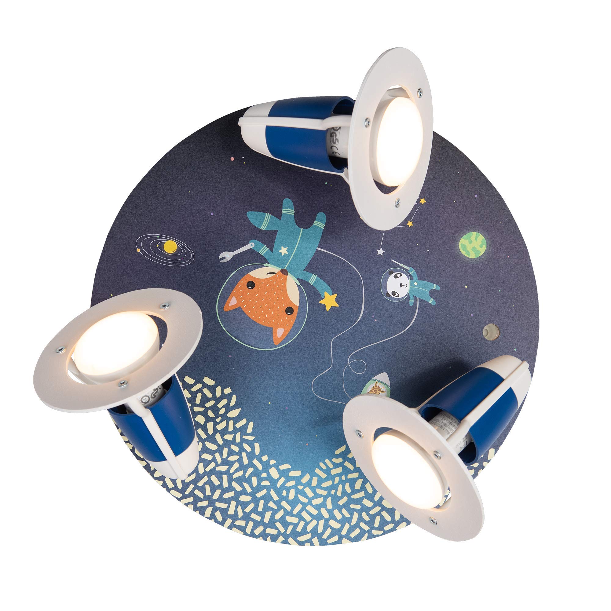 Elobra Ceiling Light Astronauts, Space, Animals, Children's Room, Wall Lamp, Children's Lamp, Round with 3 Swivelling Spots, Blue, Girls and Boys, with E14 Socket