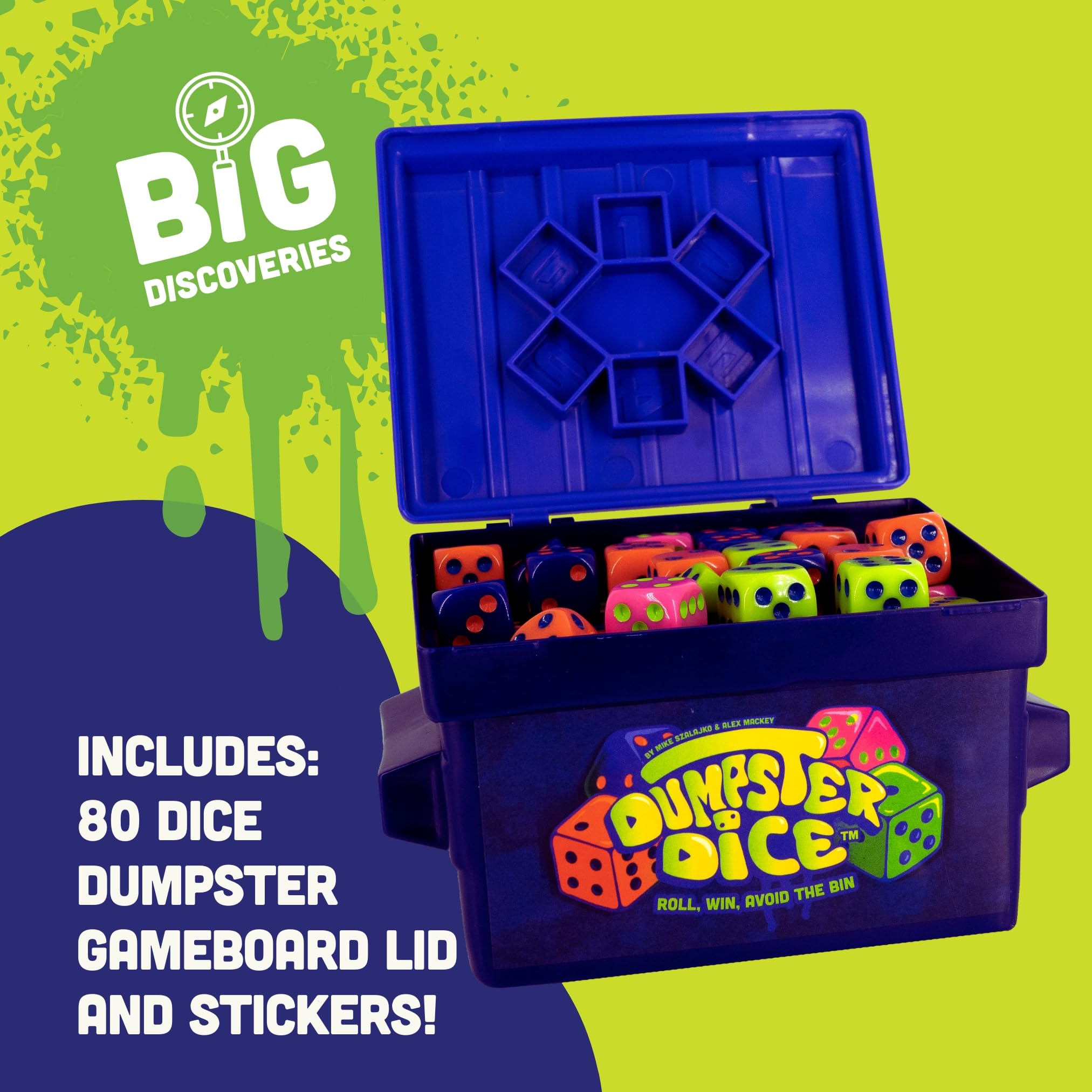 Big Discoveries Dumpster Dice - Fast-Paced Family Dice Game | Fun 4-Player Board and Dice Game with Dumpster, 80 Dice, and Graffiti Stickers | Perfect for Travel, Parties, and Game Night
