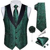 DiBanGu Mens Silk Vest and Tie Set 7PCS Paisley Suit Waistcoat and Necktie with Lapel Pin for Wedding Shawl Collar Dress Vest