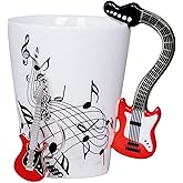 Red Guitar Music Note Coffee Mug - 13.5 Ounce Ceramic, Gift for Musicians, Guitar Keychain Included