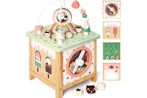 PairPear Wooden Activity Cube Montessori Toys Wooden Play Cube Activity Center Baby Busy Board Multifunctional Early Educational Development Toys Sensory Gifts for Toddlers Girls Boys 1 2 3 Year Old
