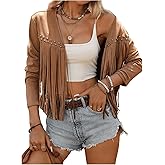 Floerns Women's Western Long Sleeve Tassel Trim Cardigan Open Front Concert Jacket Coat