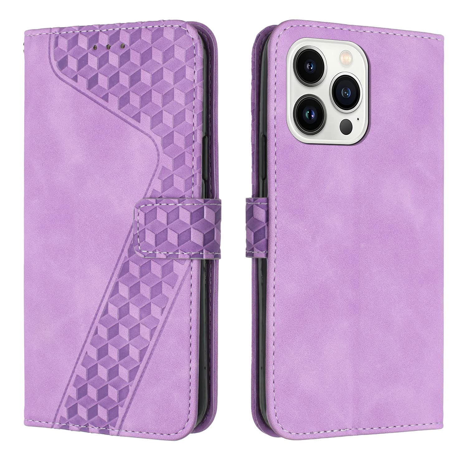 TOHULLE for iPhone 14 Pro Case, Premium Leather Wallet Case Card Holder Kickstand Magnetic Closure Plaid Pattern Embossed Design Flip Folio Wallet Cover for iPhone 14 Pro - Purple