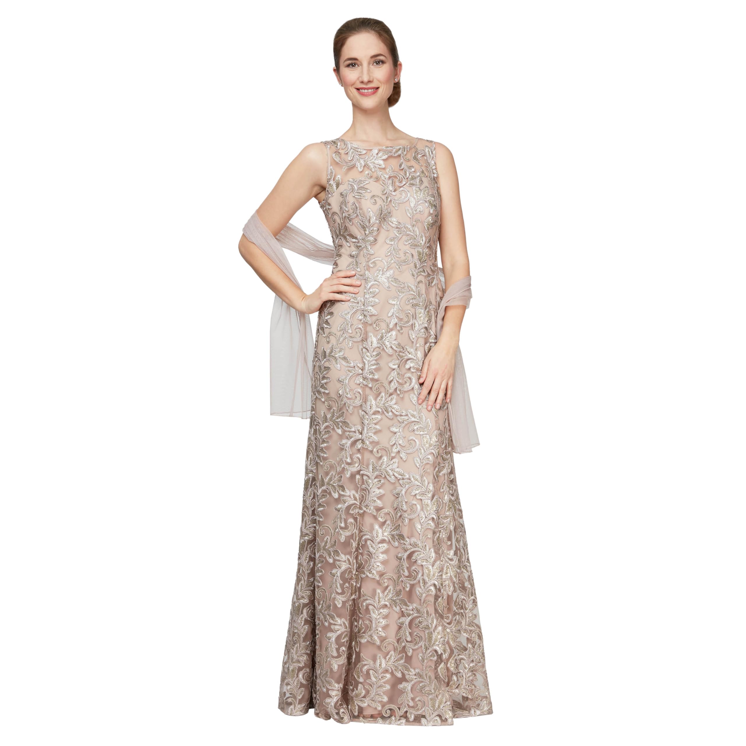 Photo 1 of Alex Evenings Women's Long Sleeveless Mother of The Bride Dress with Shawl Regular Sizes, Champagne, 6 Petite