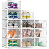 12 Pack Large Stackable Clear Plastic Shoe Storage Boxes Organizer, White | Easy to Assemble and Stack, Fit Size 9, Ventilated Dust-Proof, For Sneaker, Closet, Entryway, Under Bed, Replace Shoe Rack