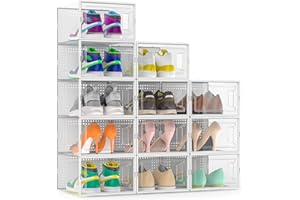 Secret Space 12 Pack Large Shoe Organizer Storage Boxes for Closet, Modular Space Saving Shoe Boxes Clear Plastic Stackable Sneaker Containers Display Case with Lids, White02