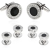 Black Onyx and Crystal Silver Cufflinks and Studs Formal Set with Travel Presentation Gift Box - 5/8" cufflinks, 3/8" studs - Men's Wedding Party Groom Groomsmen Tuxedo Shirts Accessories