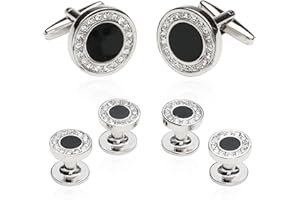 CUFF-DADDY Black Onyx and Crystal Silver Cufflinks and Studs Formal Set with Travel Presentation Gift Box - 5/8" cufflinks, 3/8" studs - Men's Wedding Party Groom Groomsmen Tuxedo Shirts Accessories