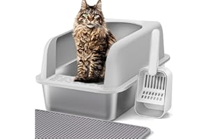 Henkelion Stainless Steel Cat Litter Box with Lid, 20" L x 14.2" W x 11.8" H, Extra Large Litter Box for Big Cats with High Sided, Anti-Urine Leakage, Easy Cleaning, Include Cat Mat and Scoop