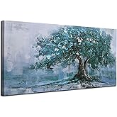 Ardemy Tree of Life Wall Art - 48x24 Inch Teal Blue Canvas Painting, Large Gallery Wrapped Nature Art for Living Room, Bedroom, Home Office, Kitchen & Dining Room Decor