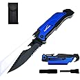 ALBATROSS 6-in-1 Survival Tactical Military Folding Pocket Knives with LED Light,Seatbelt Cutter,Glass Breaker,Magnesium Fire Starter,Bottle Opener;Multi-Function Emergency Tool(Blue)