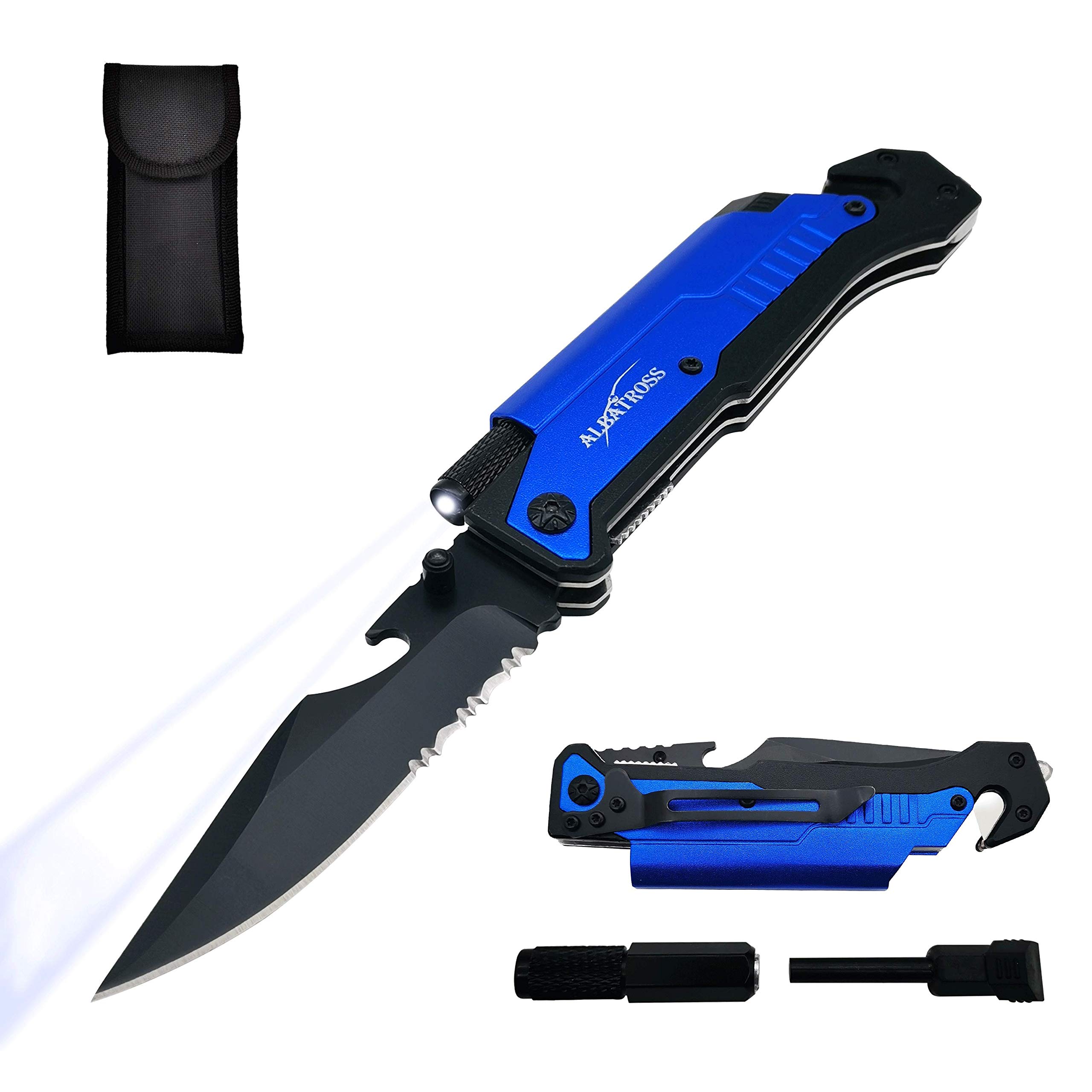 Photo 1 of ALBATROSS 6-in-1 Survival Tactical Military Folding Pocket Knives with LED Light,Seatbelt Cutter,Glass Breaker,Magnesium Fire Starter,Bottle Opener;Multi-Function Emergency Tool(Blue)