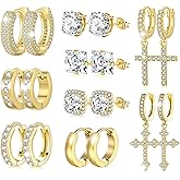 FEYIR 9 Pairs Earrings for Men Stainless Steel Small Hoop Earrings Hypoallergenic CZ Cross Dangle Earrings Cubic Zirconia Stud Earrings Huggie Men's Earrings Set