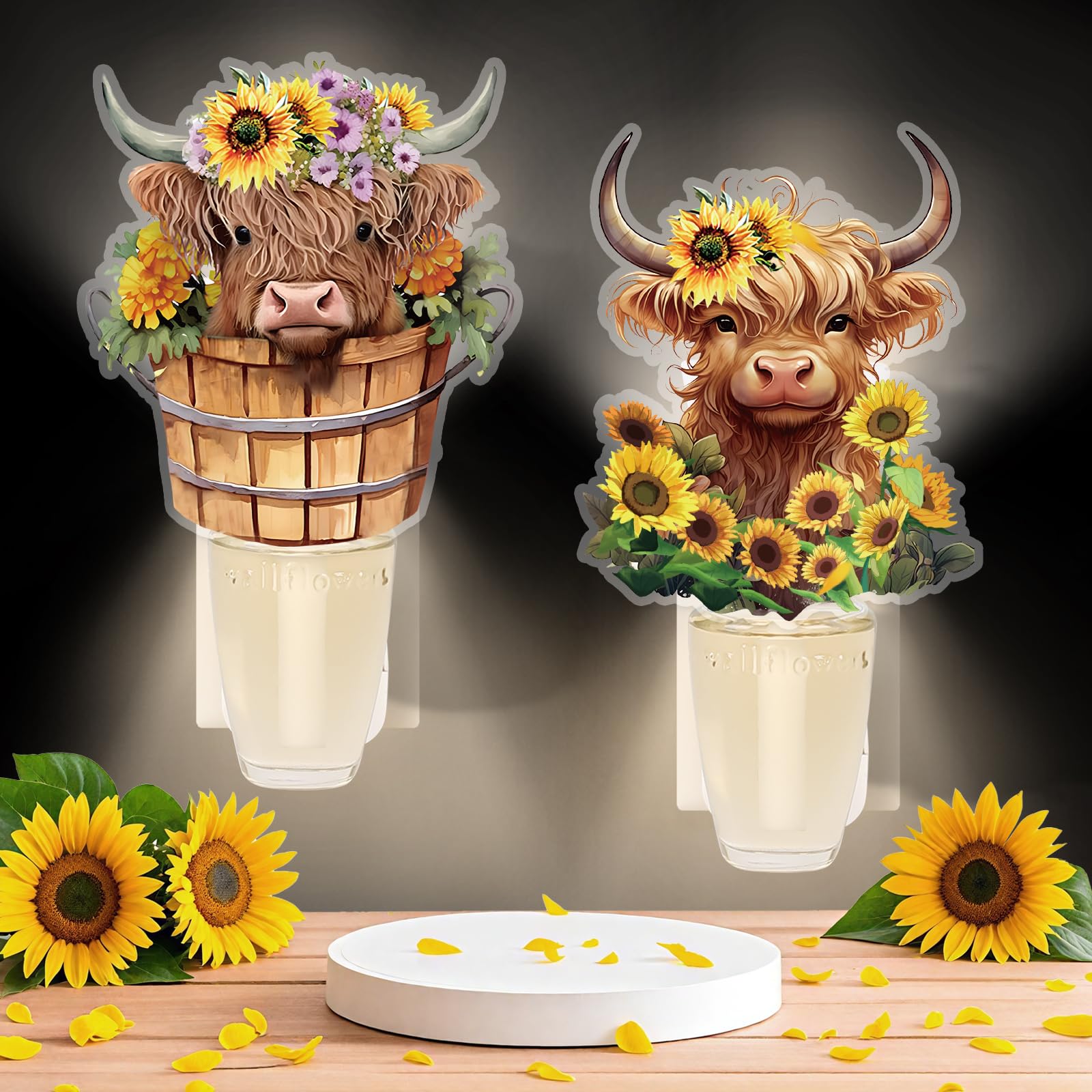 Photo 1 of 2 Pack Sunflower Highland Cow Wall Fragrance Plug in with Night Light, Compatible with Bath and Body Works Cattle WallFlower Plug-in Diffuser with Magnetic Plug Design for Home Office