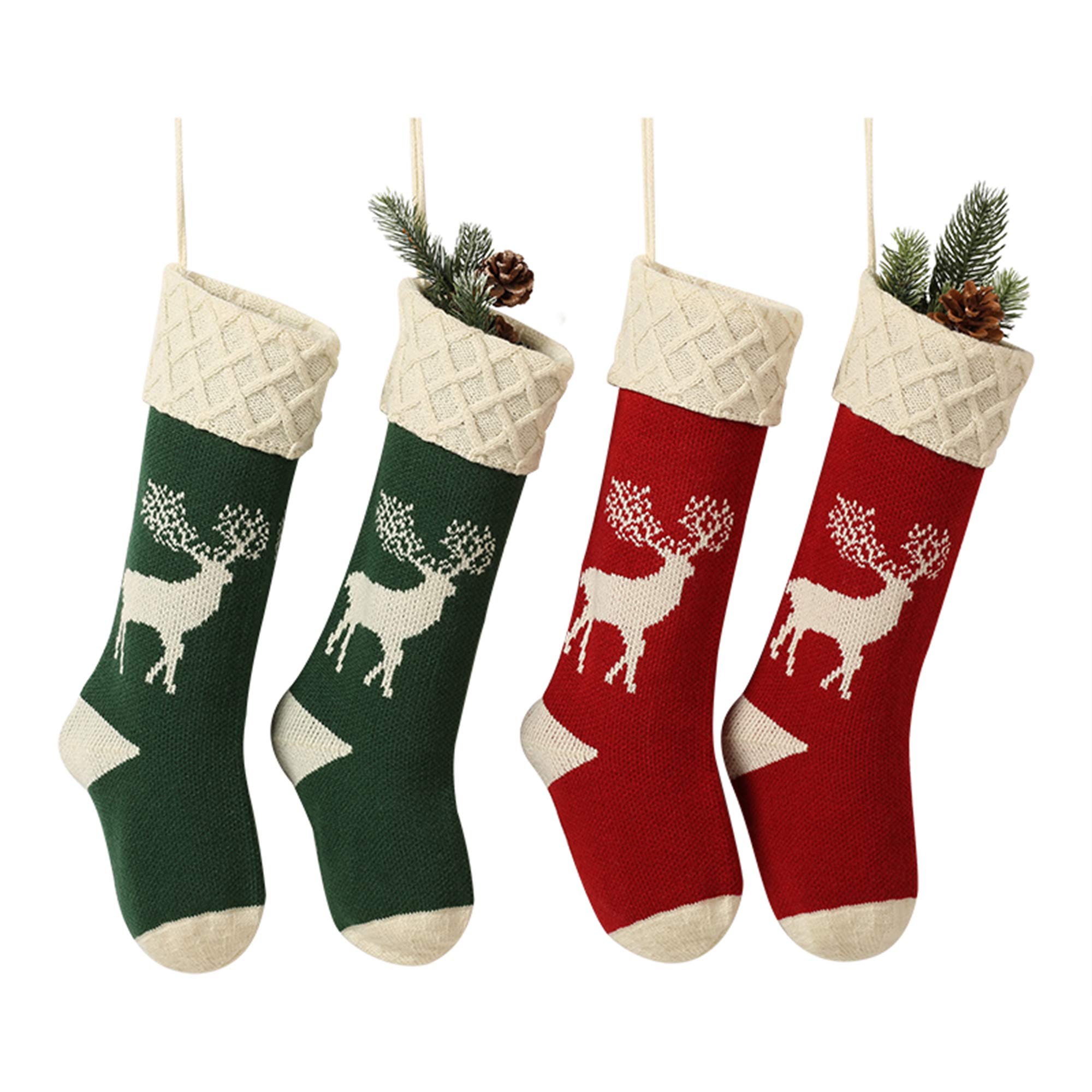 Christmas Stocking Set of 4, Xmas Sock Sack Gift Bag for Tree Decoration Christmas Ornament Candy Pouch Bag Theme Reindeer 4 Pcs