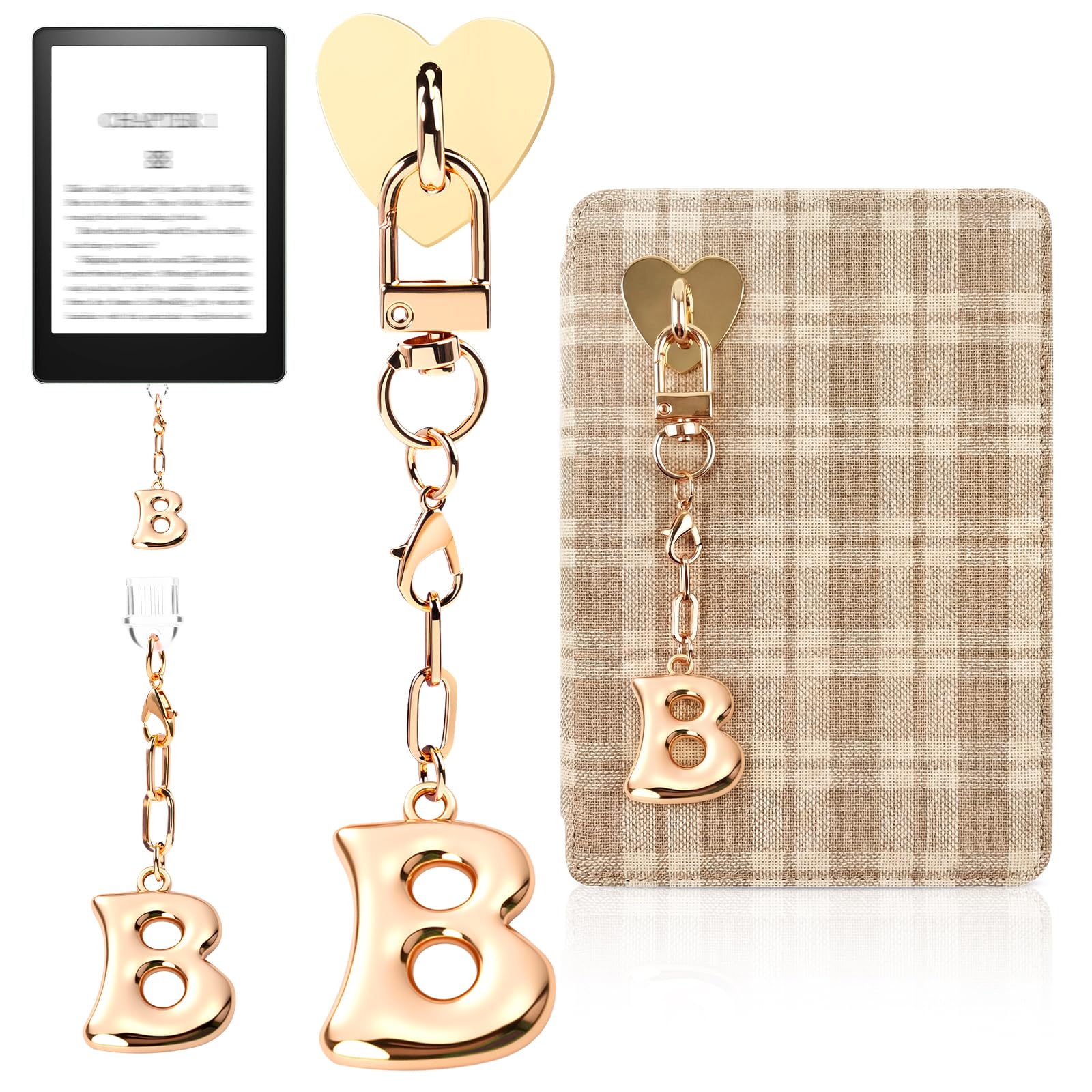 Kindle Dust Plug Charm & Chain, Alphabet Letter Charms with Removable Heart Hook, Type-C Charger Port Dust Plug Accessories Compatible with Kindle E-Reader/Tablet/Phone, Gifts for Book Lovers (Letter B)