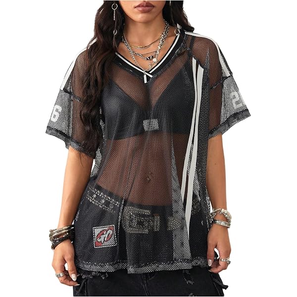 BEAUDRM Women's Jersey Shirts Lace Sheer Number Print Oversized