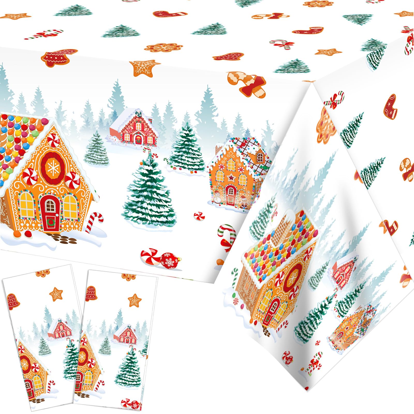 PHOGARY 2 Pack Christmas Tablecloths Gingerbread Tablecloth, Gingerbread House Tablecloths Disposable Christmas Plastic Tablecloth for Winter Holiday Party Gingerbread Christmas Decorations 130x220CM