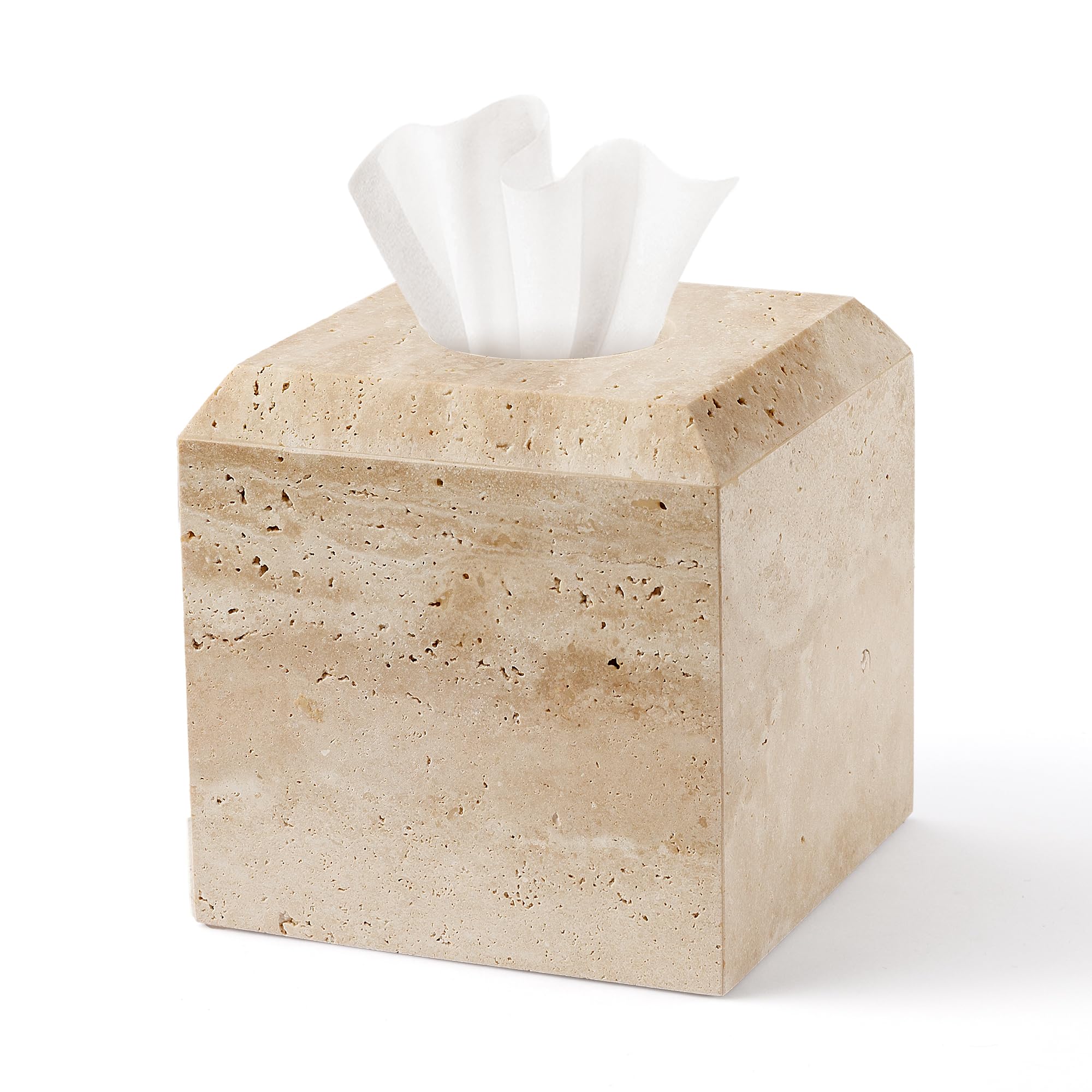 WORHE Tissue Box Cover Italy Natural Travertine Stone Heavy Duty Square Facial Toilet Paper Holder for Bathroom Living Room Bedroom Dresser Kitchen Minimalistic Office Home Decor Beige WH015