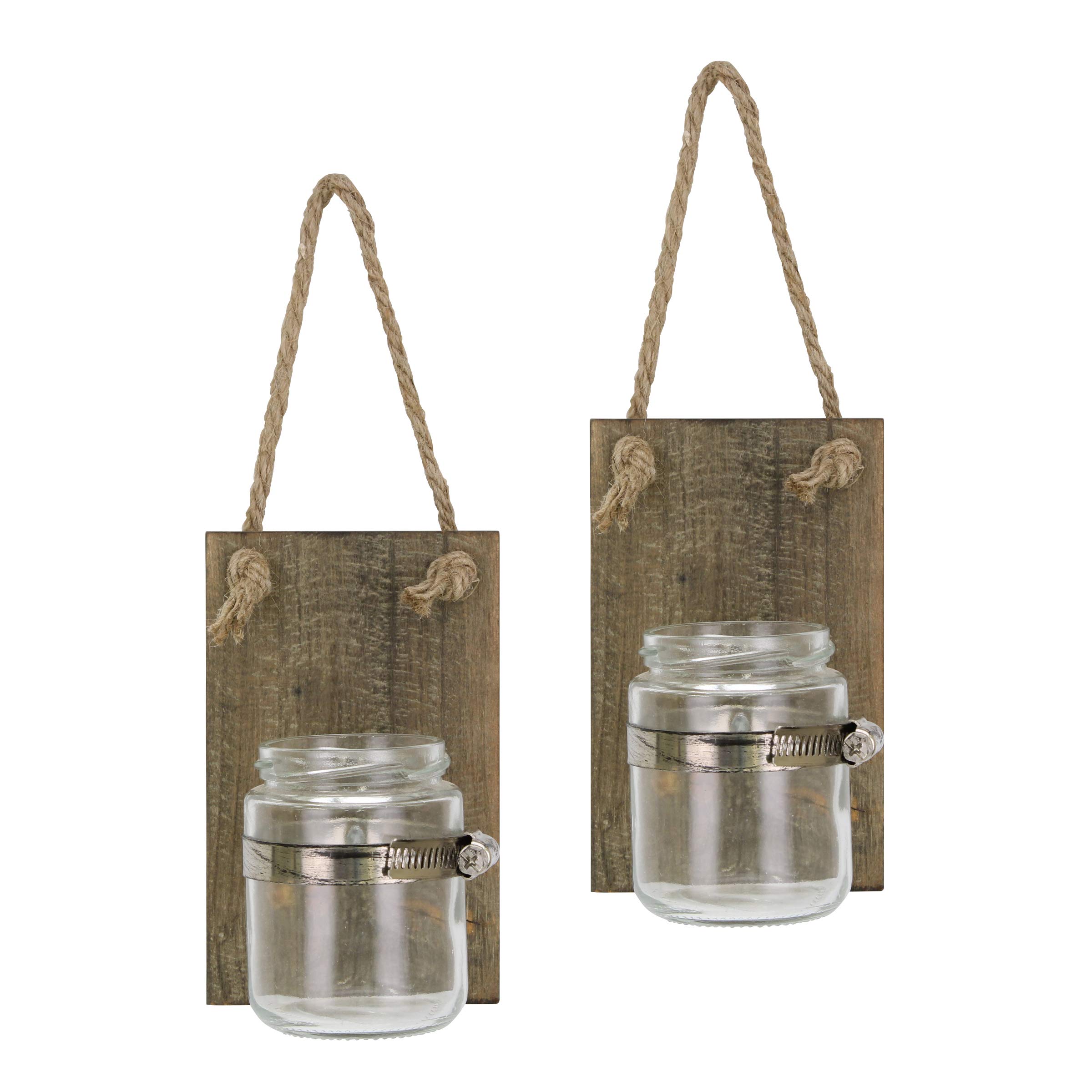 Stonebriar Set of 2 Rustic Natural Wood Mason Jar Wall Sconce Set with Hanging Loop