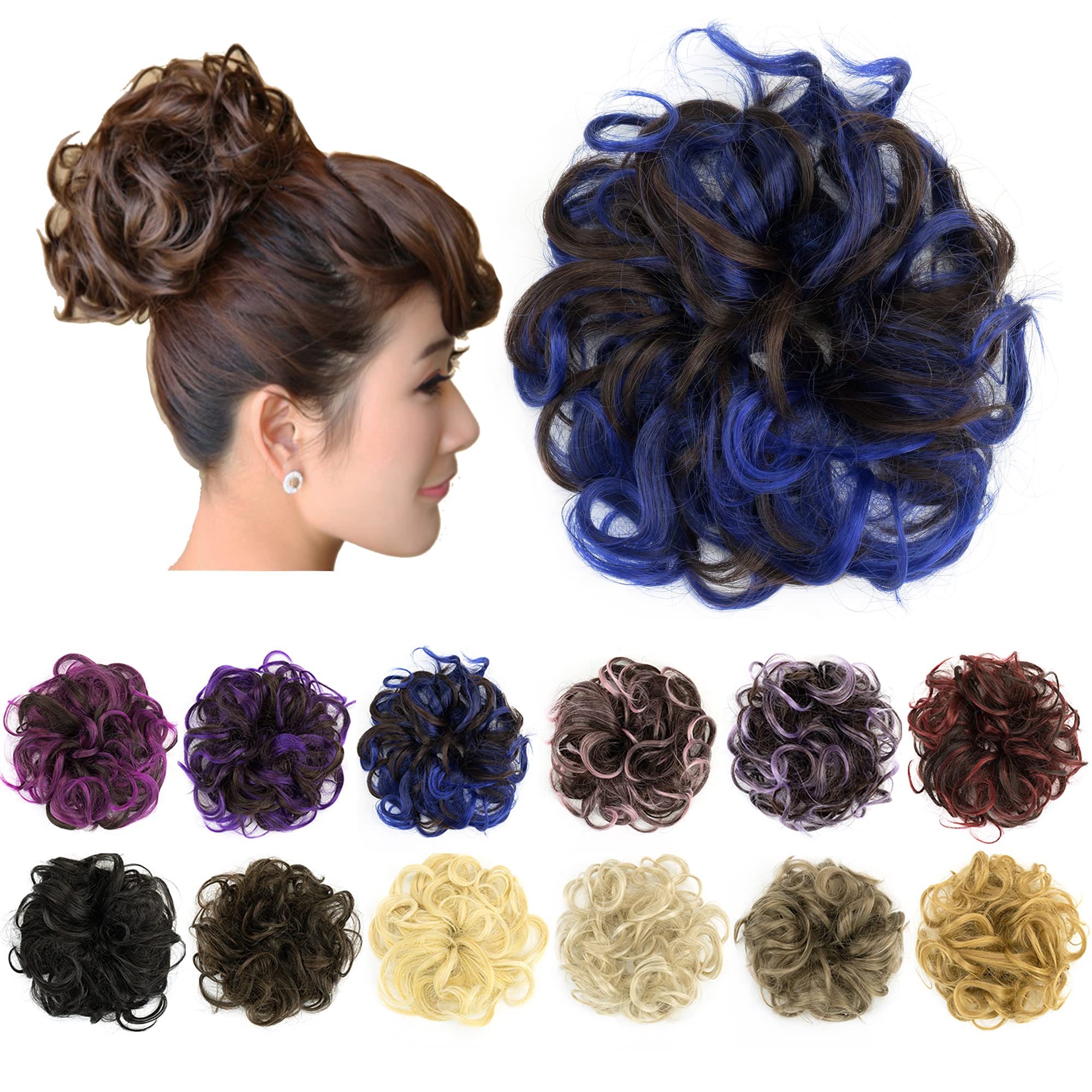 IMISSU 2PCS Messy Bun Hair Piece Updo Fake Scrunchies Ponytail Extension Wavy Curly Hairpieces Chignon Headband for Women Girls (2PCS Brown Blue)