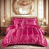Bedding_Dreamer Queen Size Satin Bed in a Bag Hot Pink Bedding Set Silk Like Silky Comforter Set Sexy Silky Sheet Set Luxury Hotel Room Decor Womens Girly Bed Sets Ruffled Gothic Down Comforter 8 Pcs