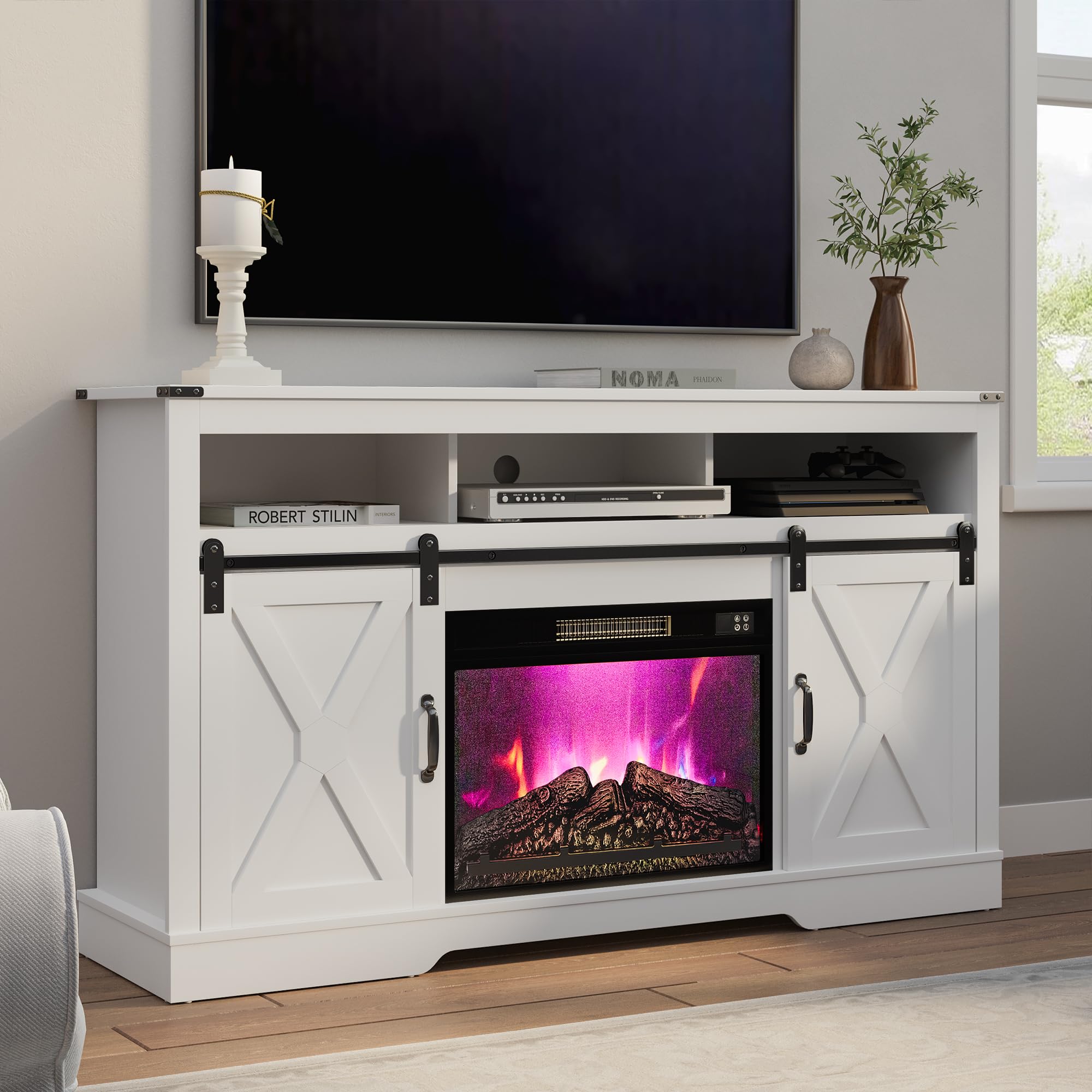 Photo 1 of **PARTS ONLY** RoyalCraft Farmhouse Fireplace TV Stand for 65+ Inch TV, Entertainment Center with 23" Electric Fireplace with Remote, 34" Tall Modern Rustic TV Console with Sliding Bar Door for Living Room, White