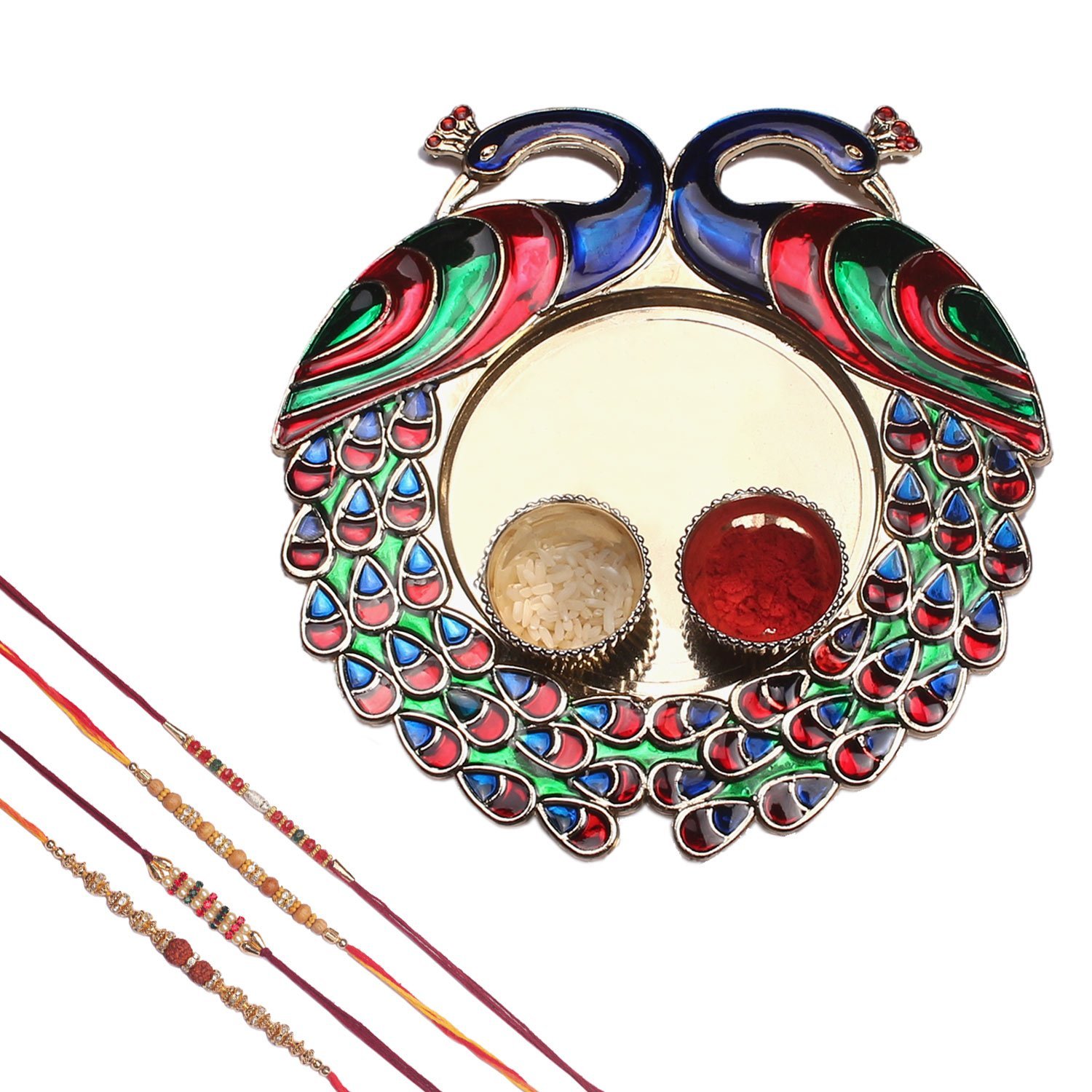 mela set of 4 rakhi with decorative pooja plate (peacock) and kumkum chawal for men