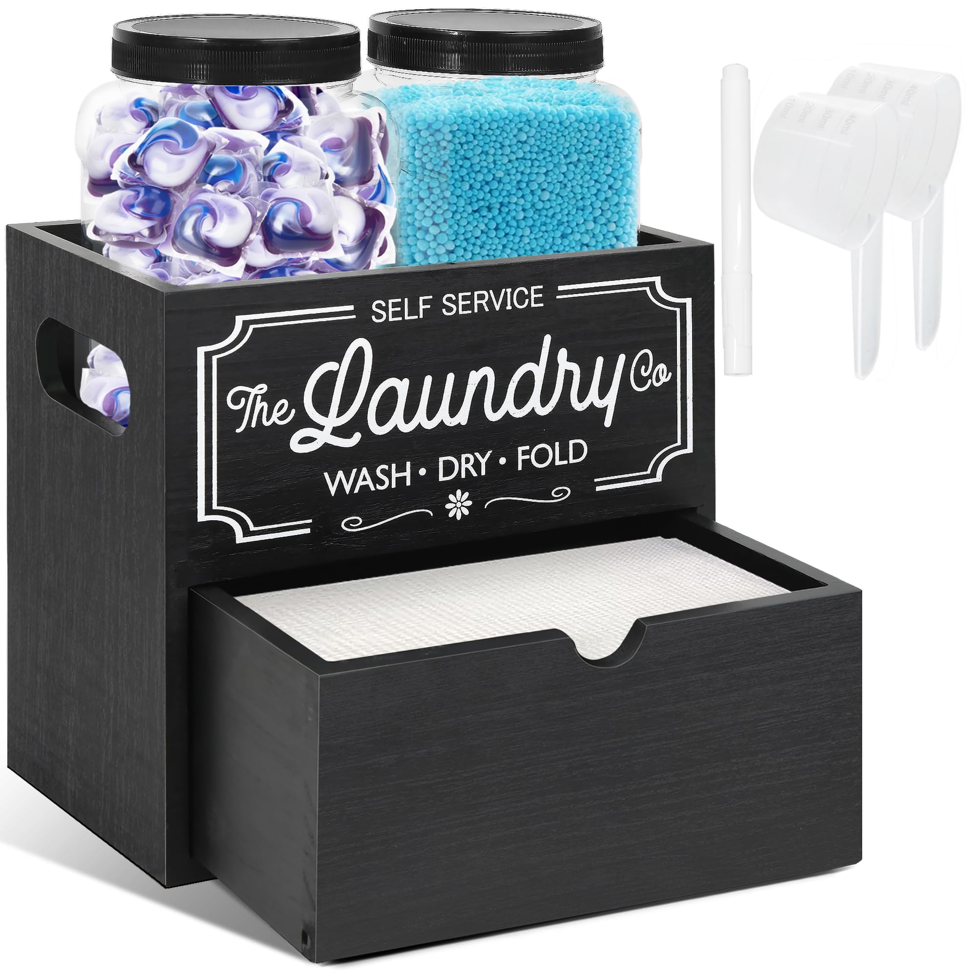 Photo 1 of Dryer Sheet Container for Laundry Room Organization, Laundry Pods Container Include 2 Plastic Jars with Lids for Laundry Room Storage, Drying Ball and Laundry Detergent Dispenser, Laundry Room Decor
